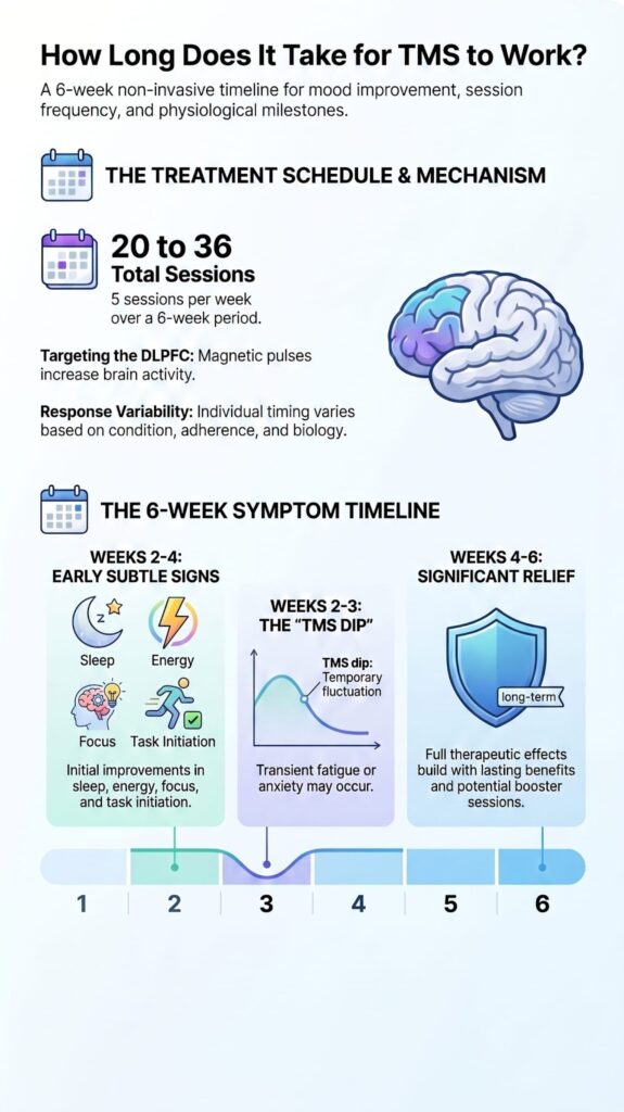 Long Does It Take for TMS to Work? A 6-week TMS treatment timeline showing symptom relief and session milestones.