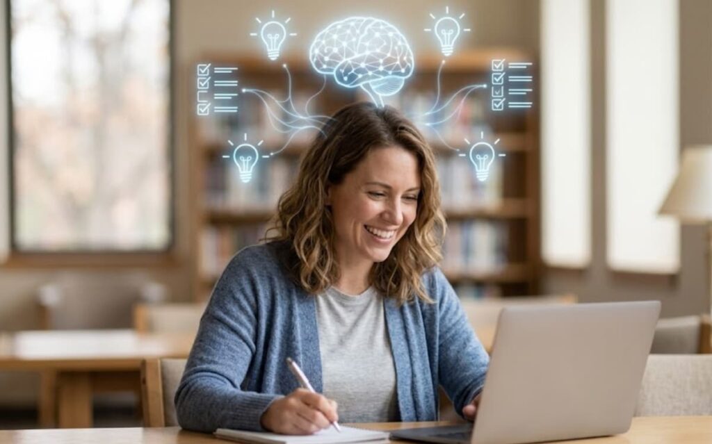 Can TMS Cause Memory Problems 4 Smiling woman studying at laptop, researching can TMS cause memory problems before starting her treatment journey.