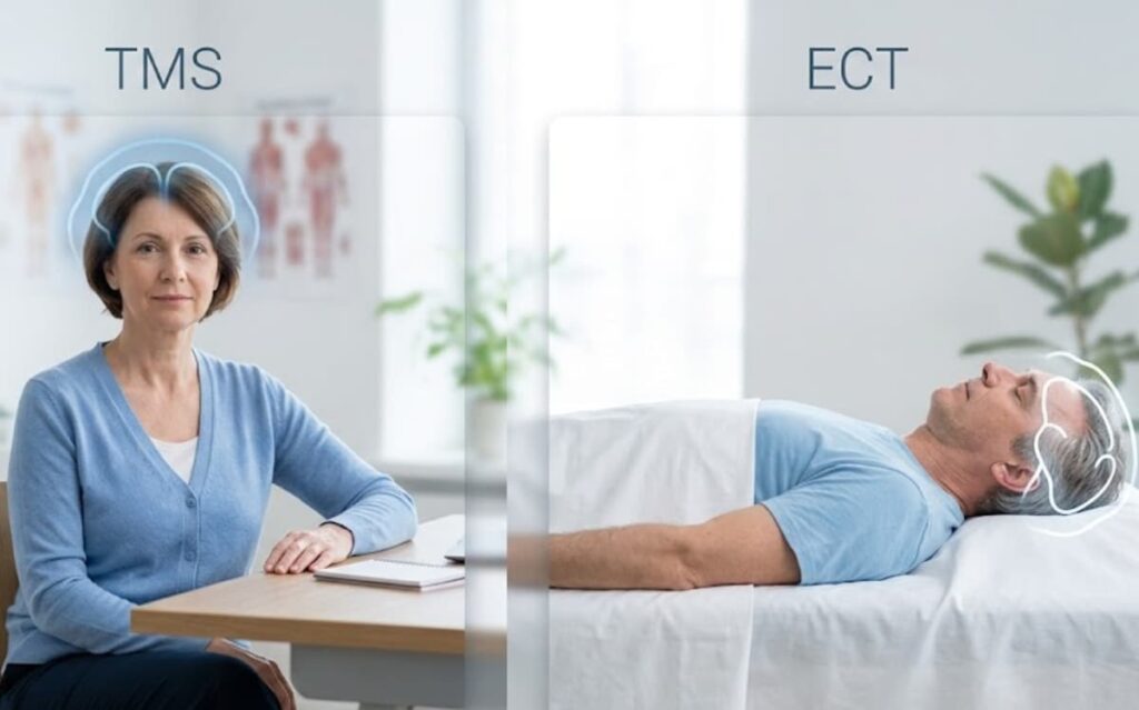 Can TMS Cause Memory Problems 2 Side-by-side comparison of TMS and ECT treatments, helping patients research can TMS cause memory problems vs ECT.