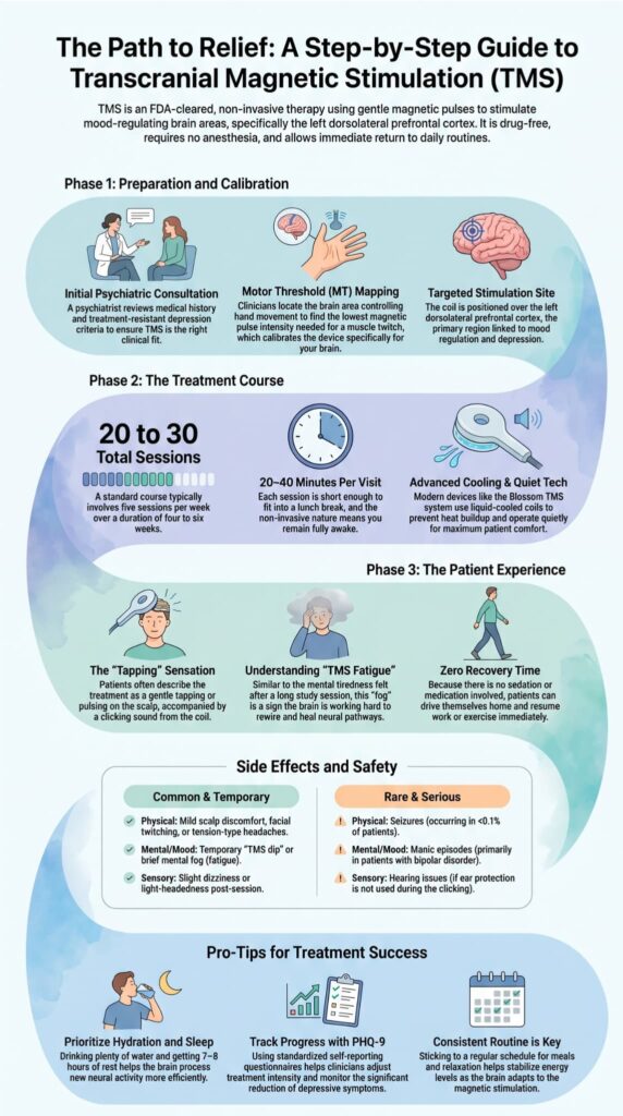 Can TMS Cause Memory Problems 3 Step-by-step TMS therapy infographic addressing common concerns like can TMS cause memory problems during treatment.