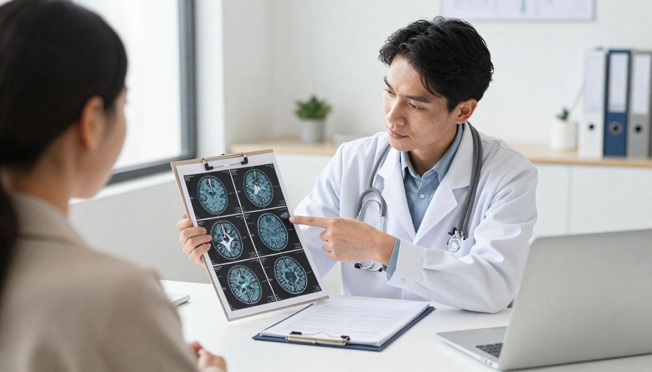Doctor pointing at brain MRI scans on a clipboard during a patient consultation.