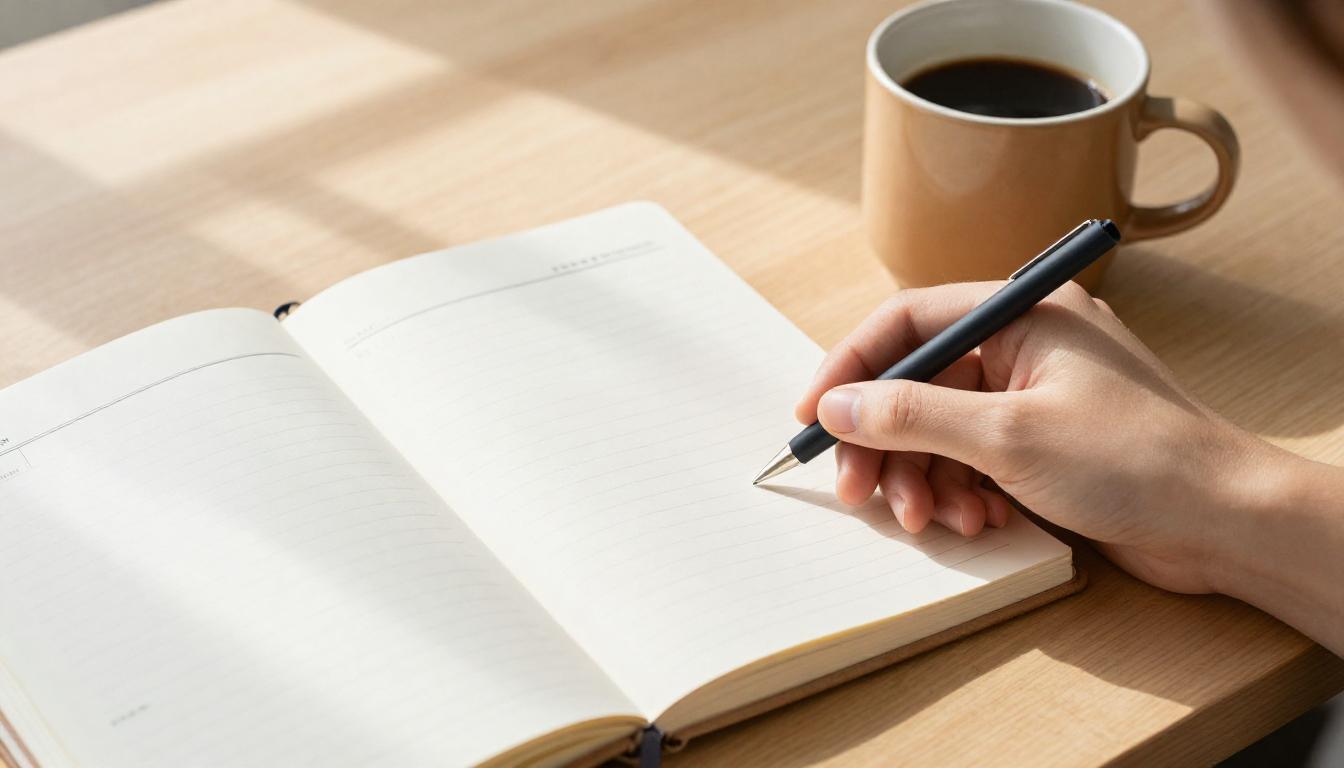Close-up of a hand writing with a pen in an open planner next to a cup of coffee.