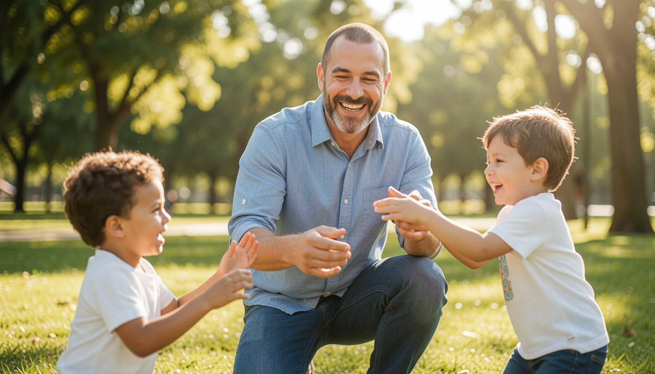 A happy, smiling father playing outdoors in a sunny park with his two young sons.