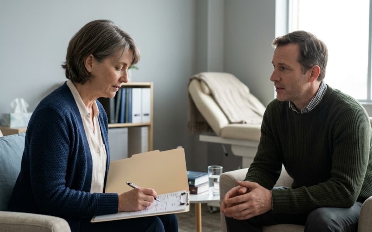 Transcranial Magnetic Stimulation for Depression Explained 1 A therapist reviews patient notes during a consultation, part of the depression treatment process before starting TMS.