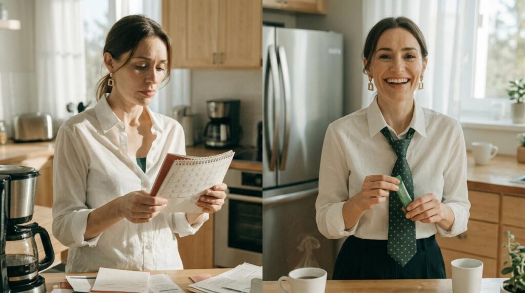 Split screen of a tired woman looking at a calendar and a smiling woman holding a green packet.