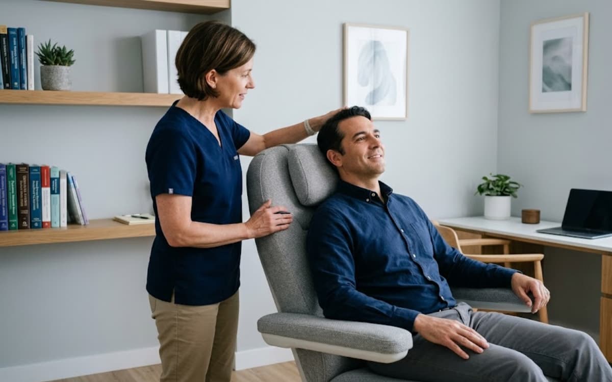Transcranial Magnetic Stimulation for Depression Explained 2 A clinician comforts a relaxed patient in a treatment chair before a transcranial magnetic stimulation session for depression.