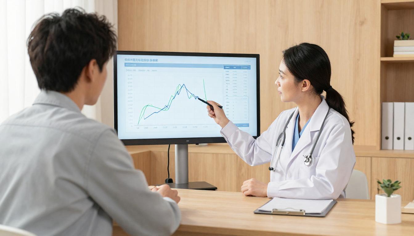 A female doctor in a white coat points to a line graph on a monitor during a patient consultation.