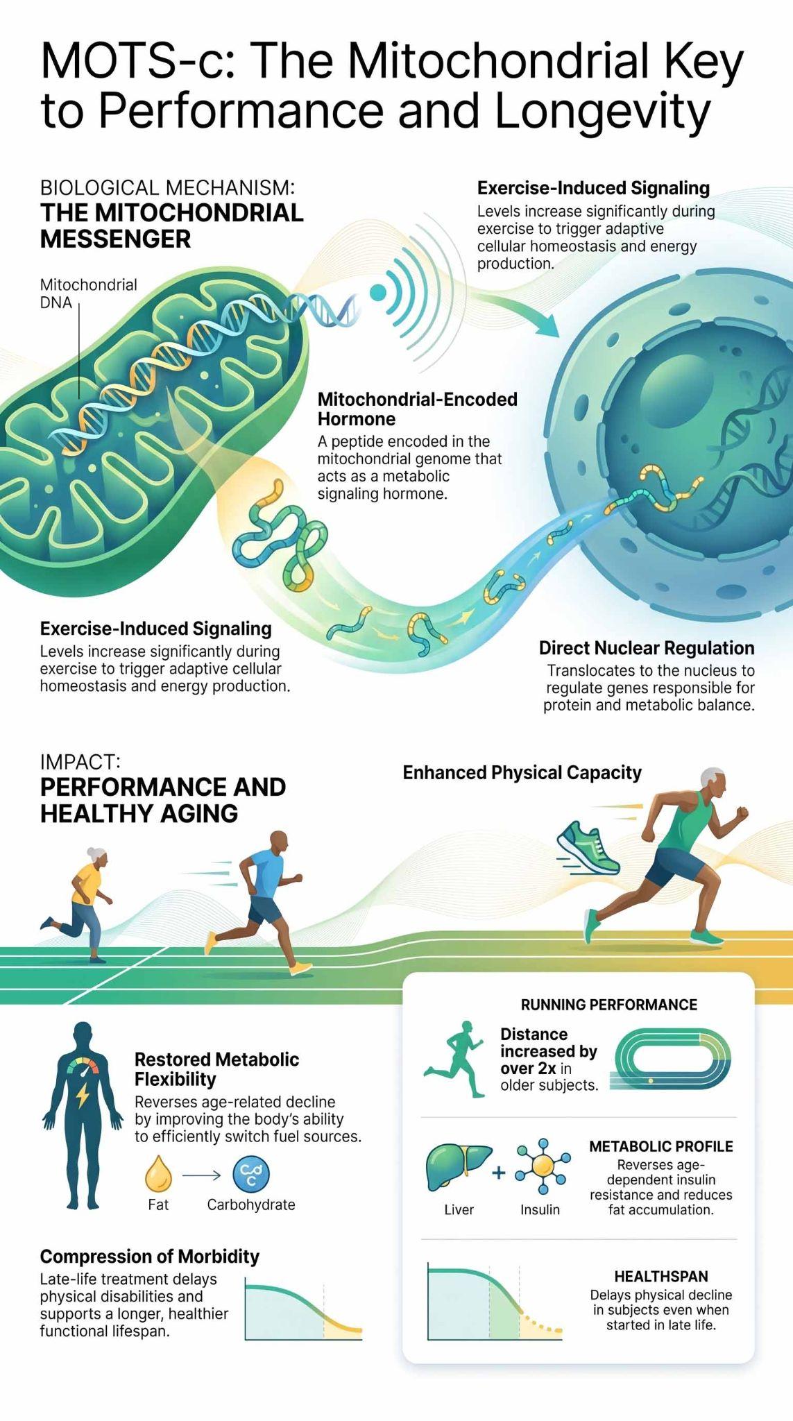 Infographic about MOTS-c mitochondrial peptide benefits for performance, healthy aging, and metabolism.