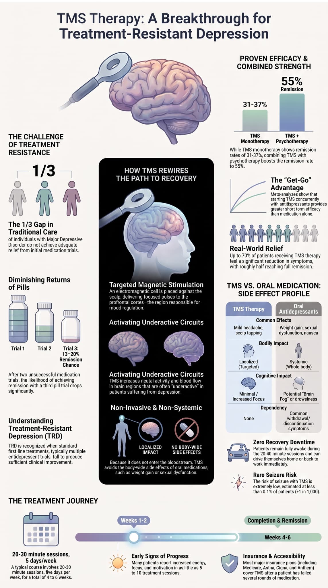 Transcranial Magnetic Stimulation for Depression Explained 3 Infographic on TMS therapy showing remission rates, brain stimulation mechanism, and the 4–6 week depression treatment timeline.