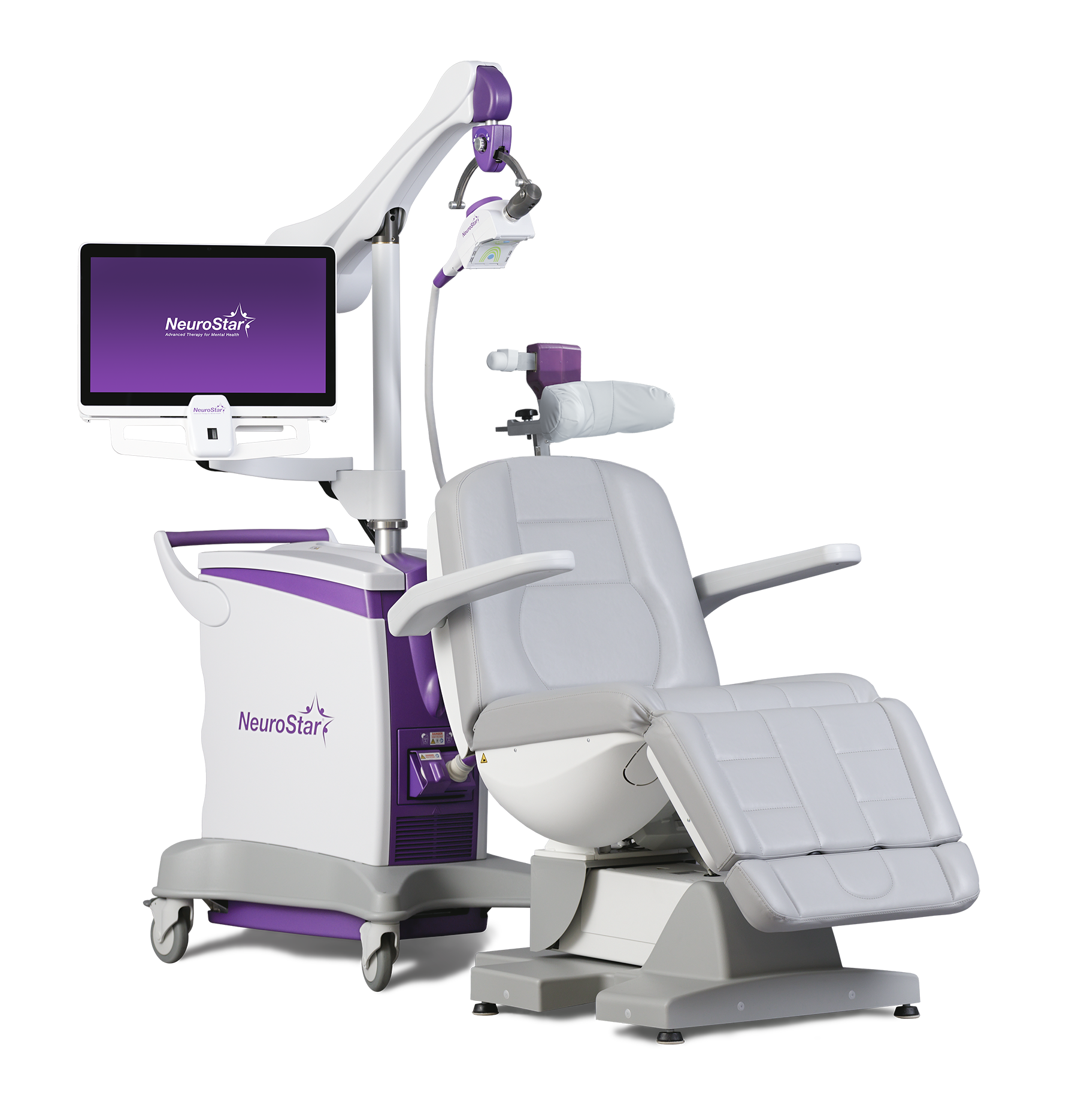 White and purple NeuroStar TMS medical chair with an attached monitor and therapy arm.