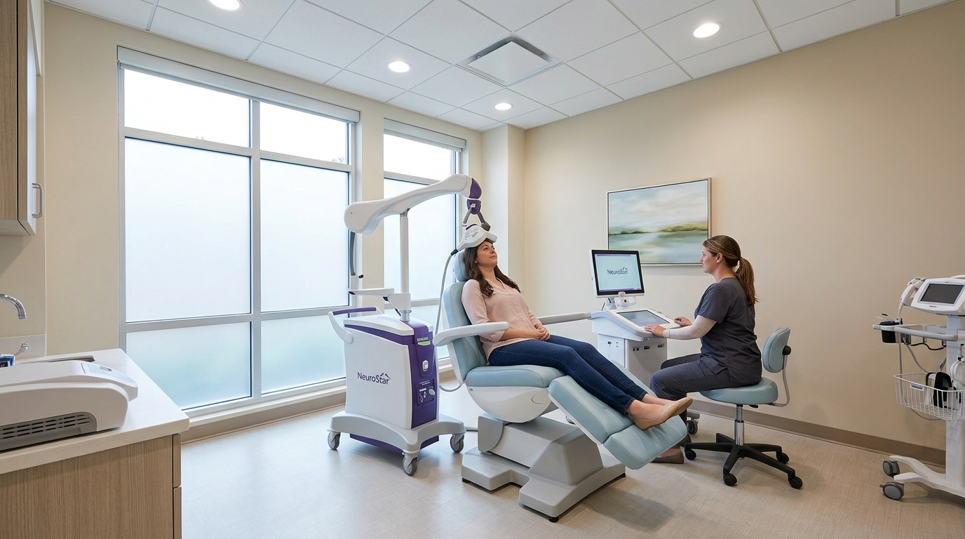 How to Choose Eating Disorder Treatment: A Guide to Care in Tampa, FL 3 NeuroStar TMS therapy equipment in a serene psychiatric clinic room for co-occurring OCD.