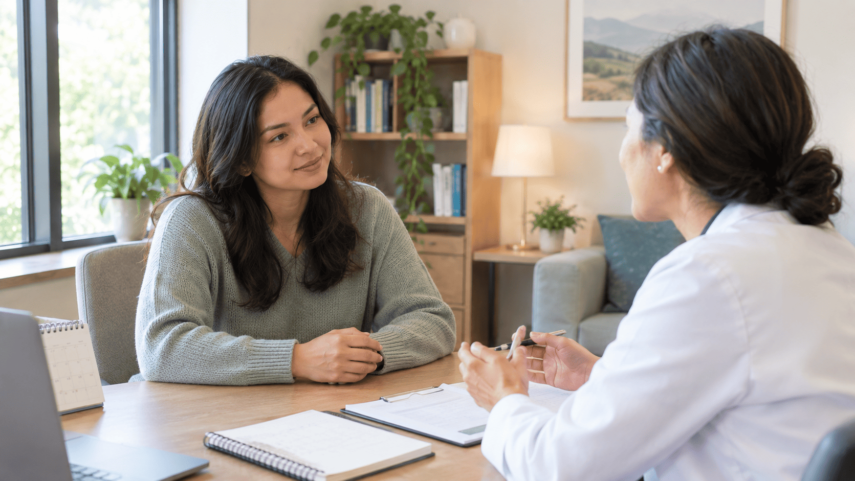 Patient smiling while talking with her doctor during an office consultation.