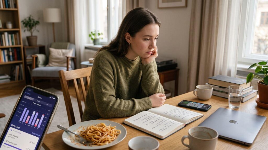 Woman reviewing poor sleep data and an unfinished meal, signs of disrupted routine that may signal a need for psychiatric care