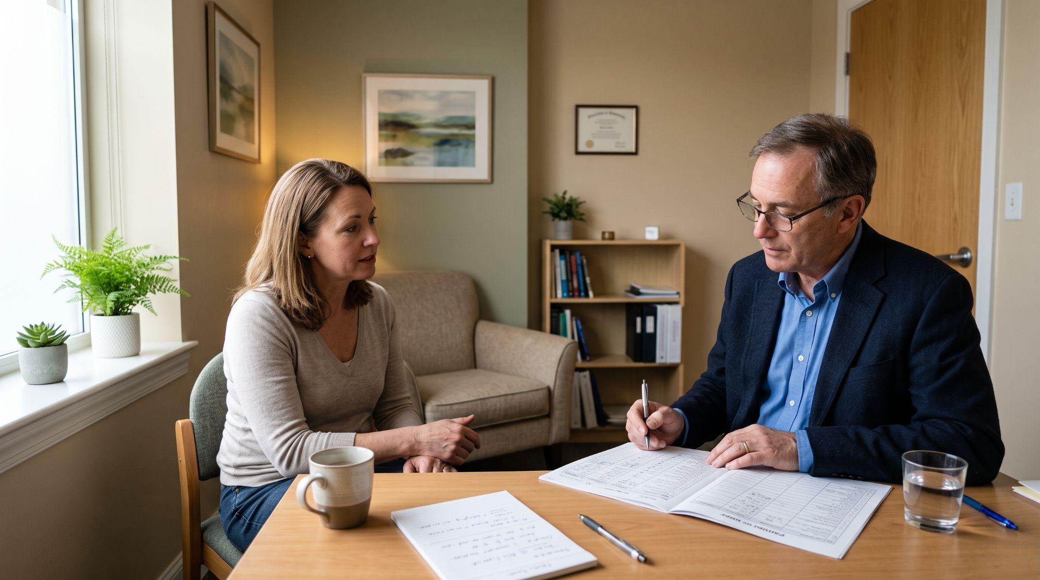 Doctor reviewing treatment charts with a patient during a depression therapy consultation.
