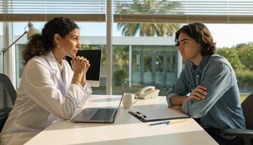 Compassionate eating disorder treatment consultation at a healthcare clinic.
