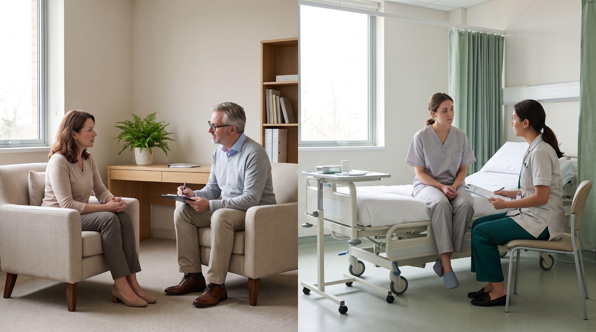 Split scene of patient consultations in a clinic and hospital room discussing depression treatment options.