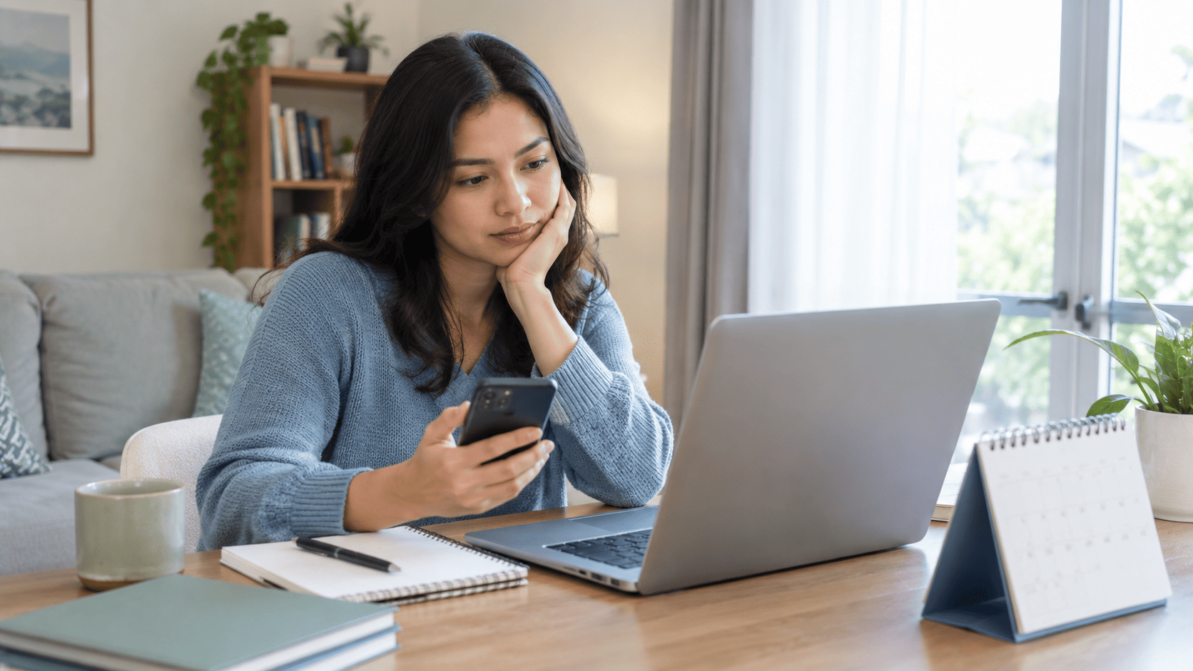 Woman sitting at a desk looking thoughtfully at her phone next to an open laptop.